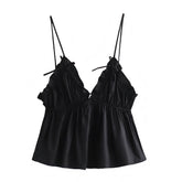 Black Bow Ruffle Trim V-Neck Spaghetti Strap Backless Tank Top